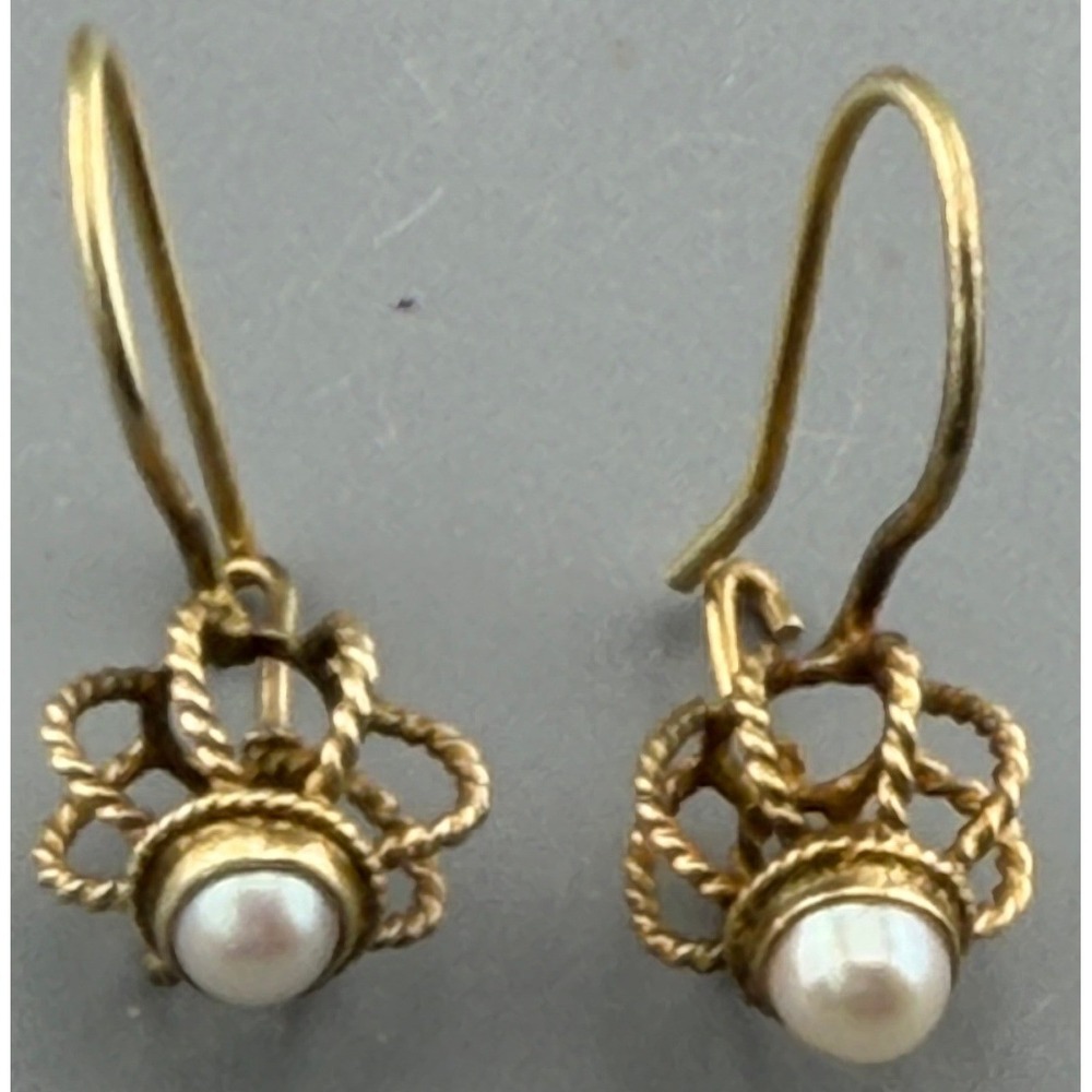 Vintage Pearl Earrings Sterling Silver Gold Tone Freshwater Caged Crown 925 3/4"